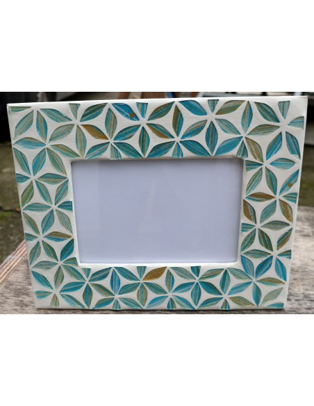 copia di Porta foto cornice bianco turchese a fiori in mosaico di vetro colorato cm 25x20 x foto 15x10