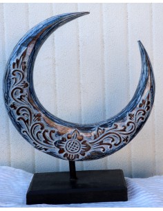 Luna in legno su base intarsiata e dipinta a mano cm...