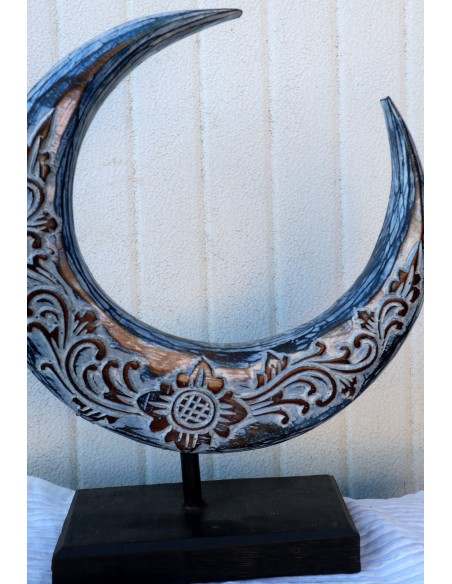 Luna in legno su base intarsiata e dipinta a mano cm 30x10x358 blu e bianca