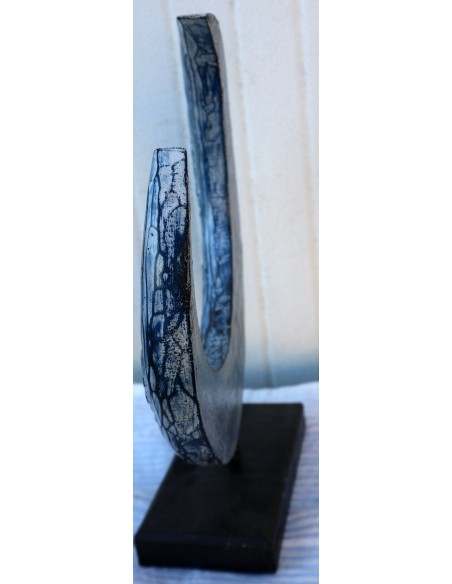 Luna in legno su base intarsiata e dipinta a mano cm 30x10x358 blu e bianca