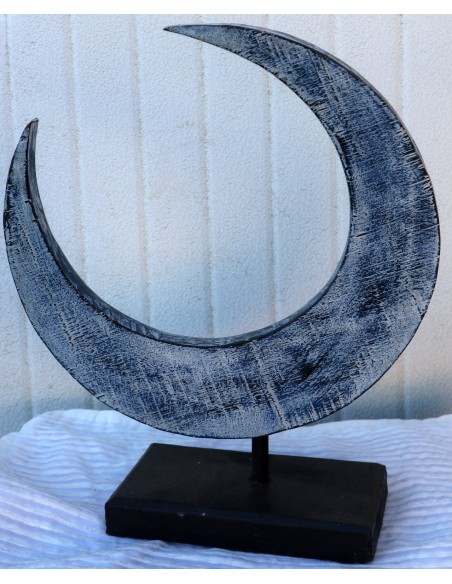 Luna in legno su base intarsiata e dipinta a mano cm 30x10x358 blu e bianca
