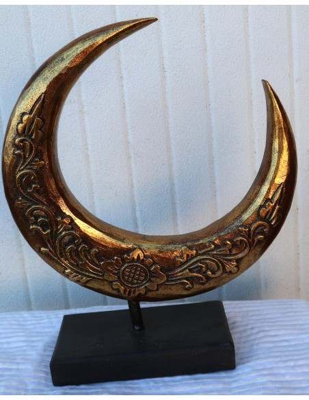 Luna in legno su base intarsiata e dipinta a mano cm 30x10x358 oro e bianca