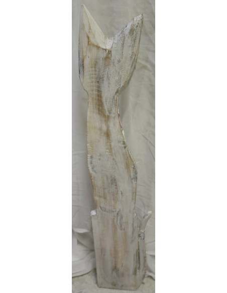 Gatto il legno realizzato a mano alto cm 80 bianco crema con collare viola