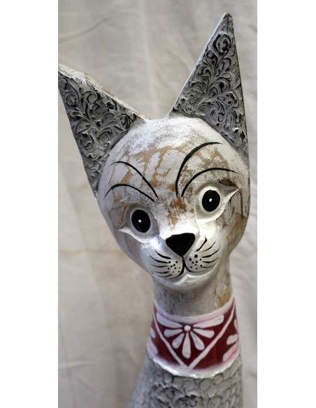 Gatto il legno realizzato a mano alto cm 80 bianco crema con collare viola