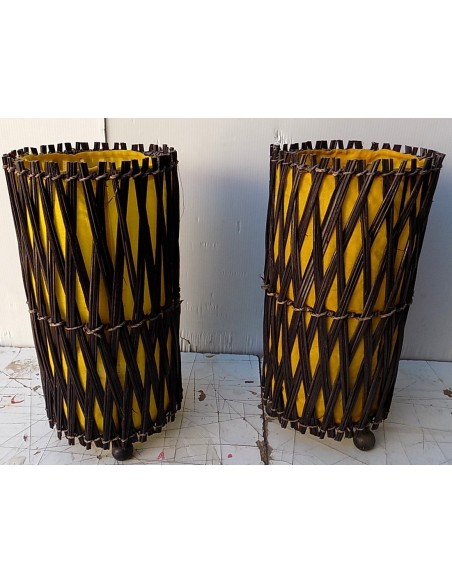 coppia di lampada abatjour in vegetale e cotone color naturale e giallo cm 15x30