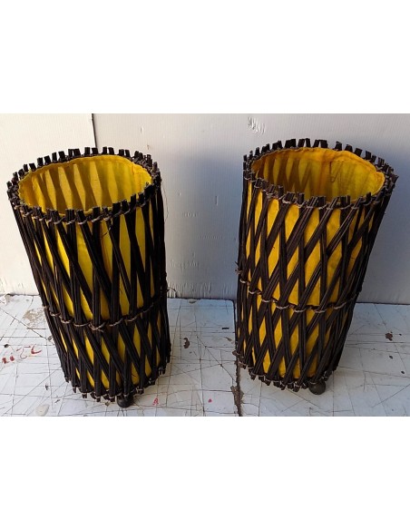 coppia di lampada abatjour in vegetale e cotone color naturale e giallo cm 15x30