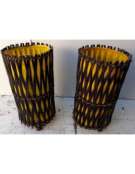 coppia di lampada abatjour in vegetale e cotone color naturale e giallo cm 15x30