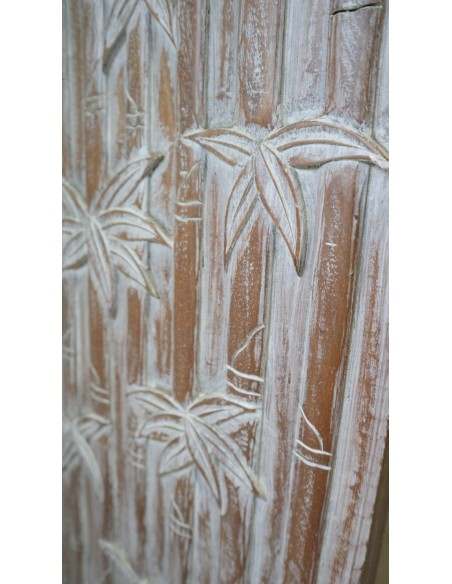 Sedia in legno di mogano tipo sdraia bianca decapata intarsiata mano cm100x34x32 con canne bambù incise