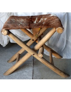 Sgabello in legno e pelle di capra artigianale pieghevole