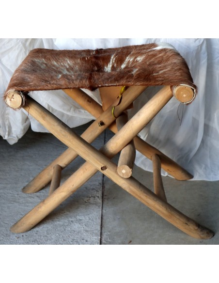 Sgabello in legno e pelle di capra artigianale pieghevole