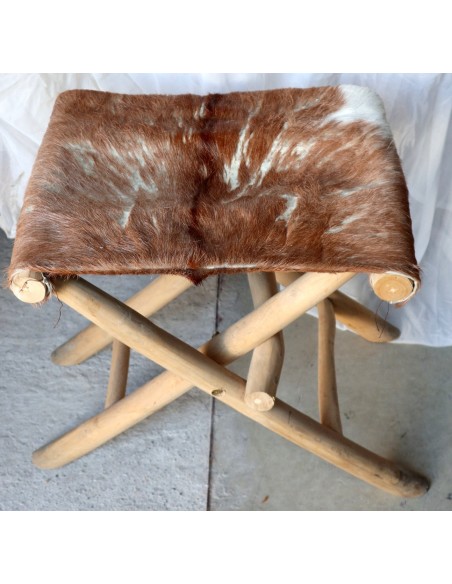 Sgabello in legno e pelle di capra artigianale pieghevole
