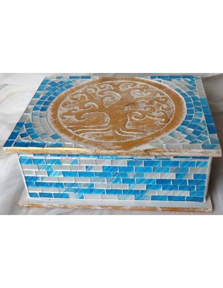 Scatola porta gioie in legno rifinata con mosaico di vetro Albero della vita blu oro