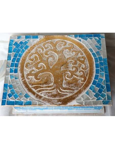Scatola porta gioie in legno rifinata con mosaico di vetro Albero della vita blu oro