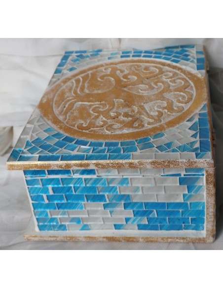 Scatola porta gioie in legno rifinata con mosaico di vetro Albero della vita blu oro