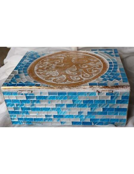 Scatola porta gioie in legno rifinata con mosaico di vetro Albero della vita blu oro