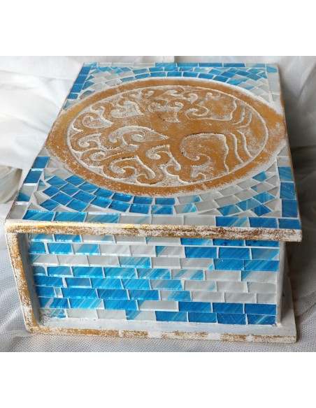 Scatola porta gioie in legno rifinata con mosaico di vetro Albero della vita blu oro