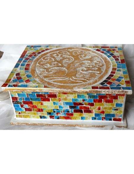 Scatola porta gioie in legno rifinata con mosaico di vetro Albero della vita multicolore
