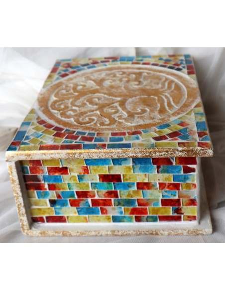 Scatola porta gioie in legno rifinata con mosaico di vetro Albero della vita multicolore