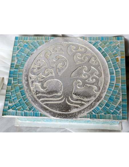 Scatola porta gioie in legno rifinata con mosaico di vetro Albero della vita celeste