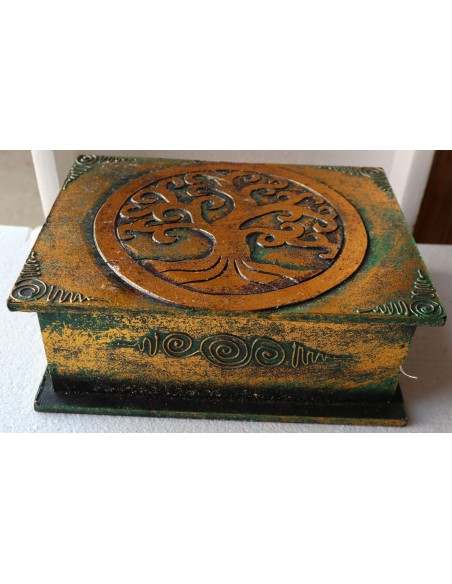 Scatola porta gioie in legno con inciso Albero della vita color oro e verde