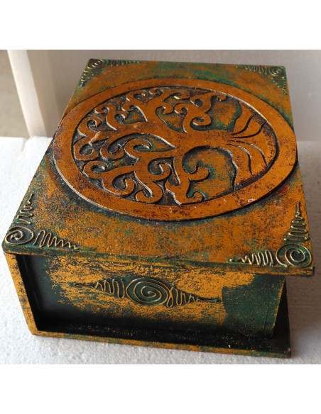 Scatola porta gioie in legno con inciso Albero della vita color oro e verde