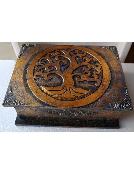 Scatola porta gioie in legno con inciso Albero della vita color oro e blu