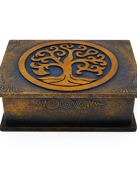 Scatola porta gioie in legno con inciso Albero della vita color oro e blu