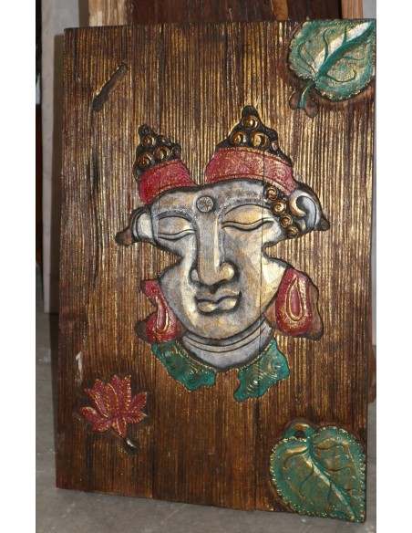 Pannello decorativo in legno trittico con intagli volto di Buddha " cm 80x52x2