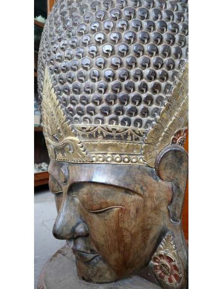 Testa di Buddha in Legno Intagliato a Mano – 50x24x110h cm – Artigianato Indonesiano – marrone