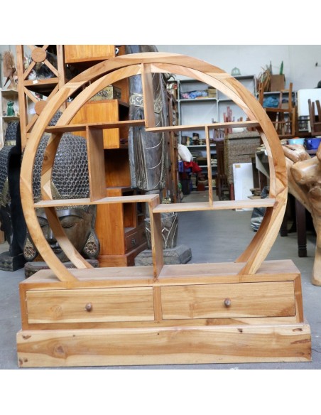 Mobile Tondo in Legno di Teak – Design Etnico con Cassetti – cm 100x27x110h