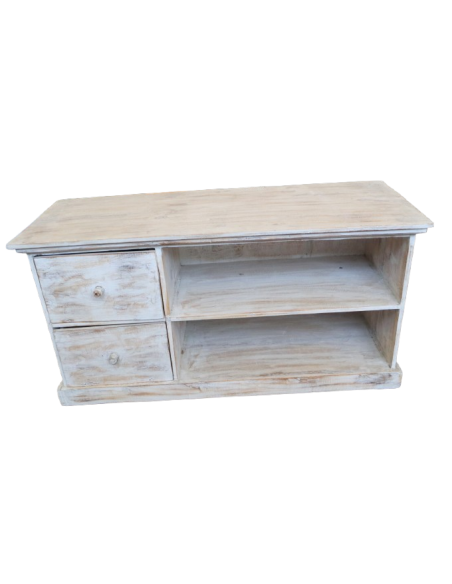 Mobile Porta TV in Legno di Albesia 100x40x50 cm – Finitura Decapata Chiara – Artigianato Indonesiano