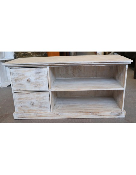 Mobile Porta TV in Legno di Albesia 100x40x50 cm – Finitura Decapata Chiara – Artigianato Indonesiano