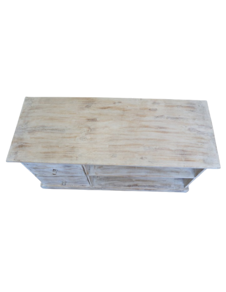 Mobile Porta TV in Legno di Albesia 100x40x50 cm – Finitura Decapata Chiara – Artigianato Indonesiano