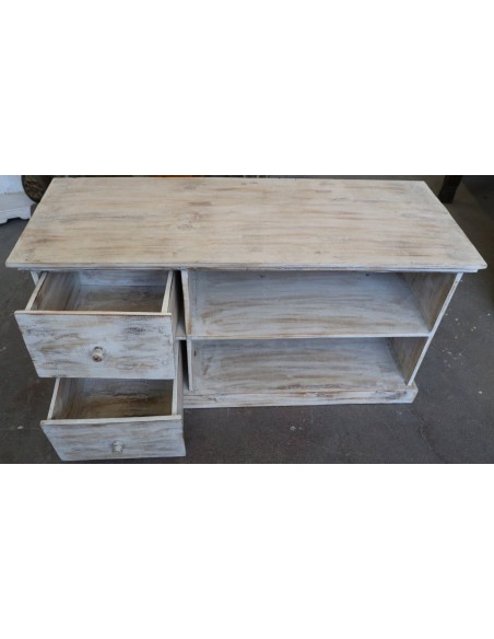 Mobile Porta TV in Legno di Albesia 100x40x50 cm – Finitura Decapata Chiara – Artigianato Indonesiano