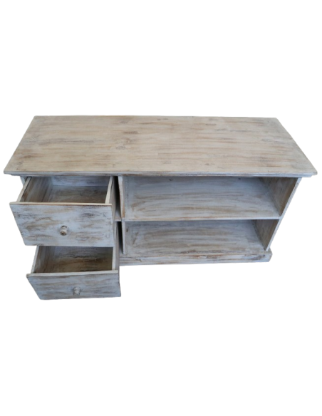 Mobile Porta TV in Legno di Albesia 100x40x50 cm – Finitura Decapata Chiara – Artigianato Indonesiano