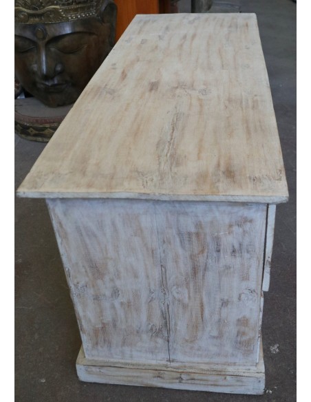 Mobile Porta TV in Legno di Albesia 100x40x50 cm – Finitura Decapata Chiara – Artigianato Indonesiano