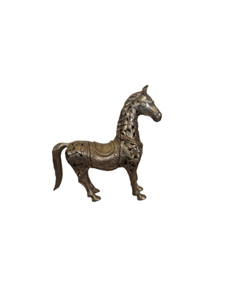 Scultura Cavallo in Metallo Intarsiato – Artigianato Indonesiano – 104 cm con Piedistallo