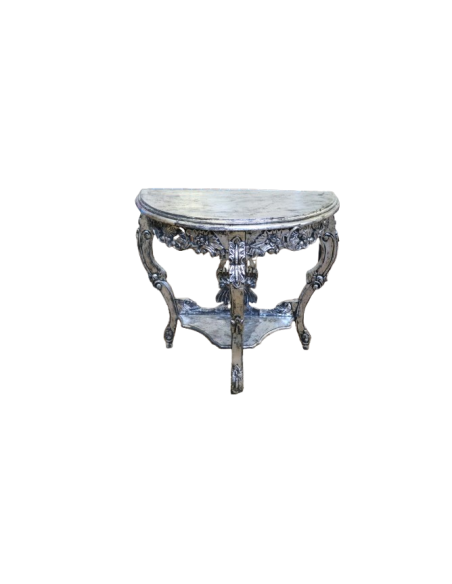 Consolle Barocca in Legno con Finitura Foglia Argento – 82x40x79h – Realizzata a Mano in Indonesia