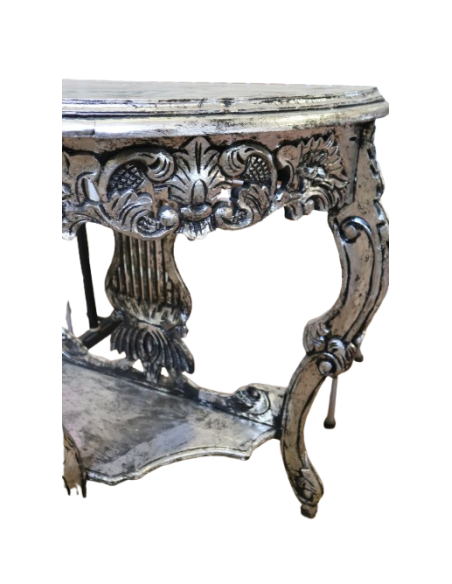 Consolle Barocca in Legno con Finitura Foglia Argento – 82x40x79h – Realizzata a Mano in Indonesia