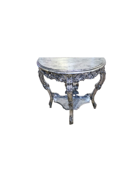 Consolle Barocca in Legno con Finitura Foglia Argento – 82x40x79h – Realizzata a Mano in Indonesia