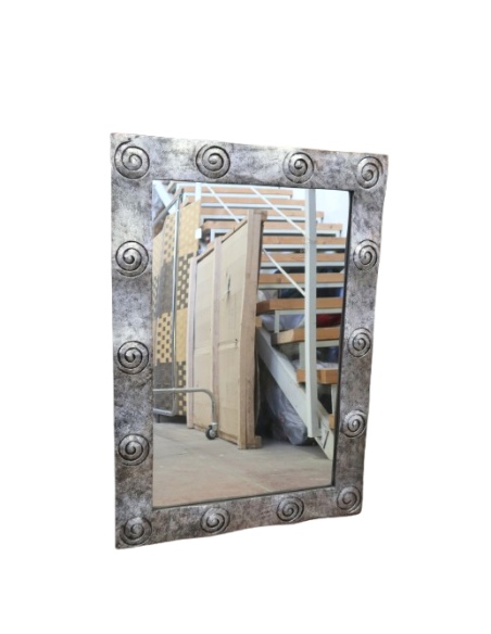 Specchio Barocco in Legno con Finitura Foglia Argento – 100x70 cm – Cornice Intarsiata a Mano – Artigianale Indonesia