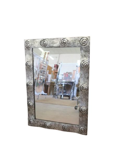 Specchio Barocco in Legno con Finitura Foglia Argento – 100x70 cm – Cornice Intarsiata a Mano – Artigianale Indonesia