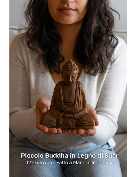 Statua Buddha in Legno di Suar 16 cm – Scultura Etno Chic Artigianale Indonesiana