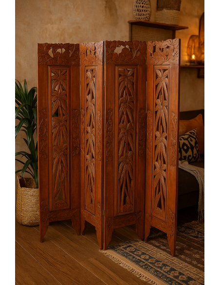Paravento in Legno Teak Intagliato a Mano da 160x150h – Stile Etnico Balinese