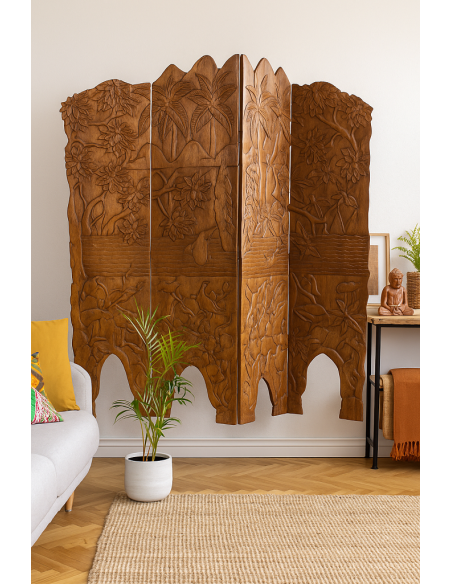 Paravento in Legno di Teak Intagliato a Mano con Motivo Floreale e Uccelli – 152x2.5x169h – Fatto a Mano in Indonesia