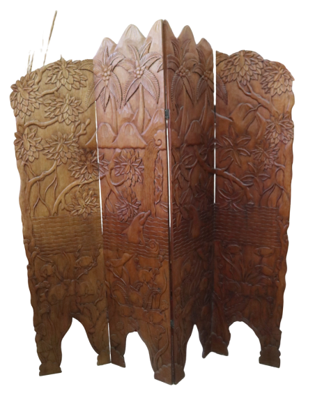 Paravento in Legno di Teak Intagliato a Mano con Motivo Floreale e Uccelli – 152x2.5x169h – Fatto a Mano in Indonesia