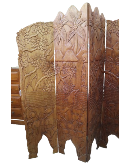 Paravento in Legno di Teak Intagliato a Mano con Motivo Floreale e Uccelli – 152x2.5x169h – Fatto a Mano in Indonesia
