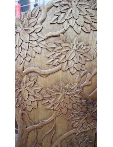 Paravento in Legno di Teak Intagliato a Mano con Motivo Floreale e Uccelli – 152x2.5x169h – Fatto a Mano in Indonesia