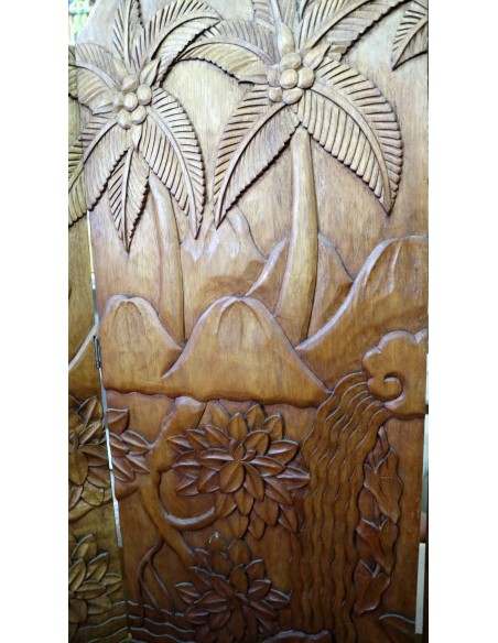 Paravento in Legno di Teak Intagliato a Mano con Motivo Floreale e Uccelli – 152x2.5x169h – Fatto a Mano in Indonesia