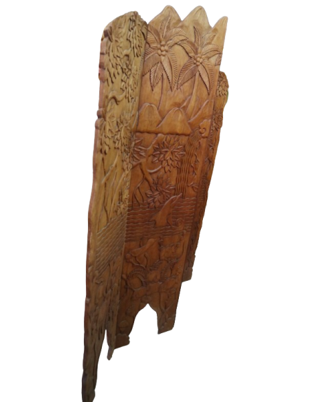 Paravento in Legno di Teak Intagliato a Mano con Motivo Floreale e Uccelli – 152x2.5x169h – Fatto a Mano in Indonesia